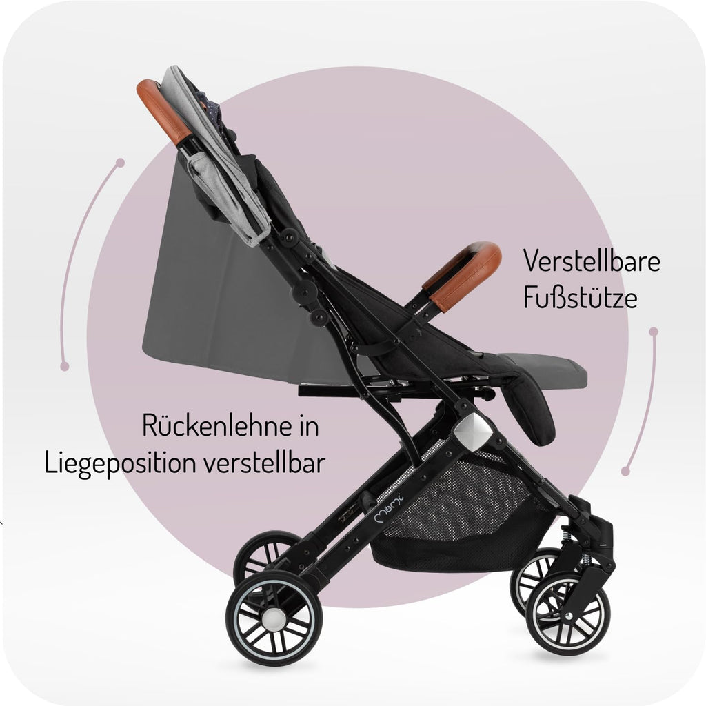 MOMI ESTELLE Kinderwagen für Kinder ab 6 Monat bis zu max körpergewicht von 15 kg, klappbar auf die Maße 65 x 51 x 21 cm, gewicht 7,5 kg, 5-Punkt-Sicherheitsgurt, koffer, grau-gold, Räder 6''/6,5''