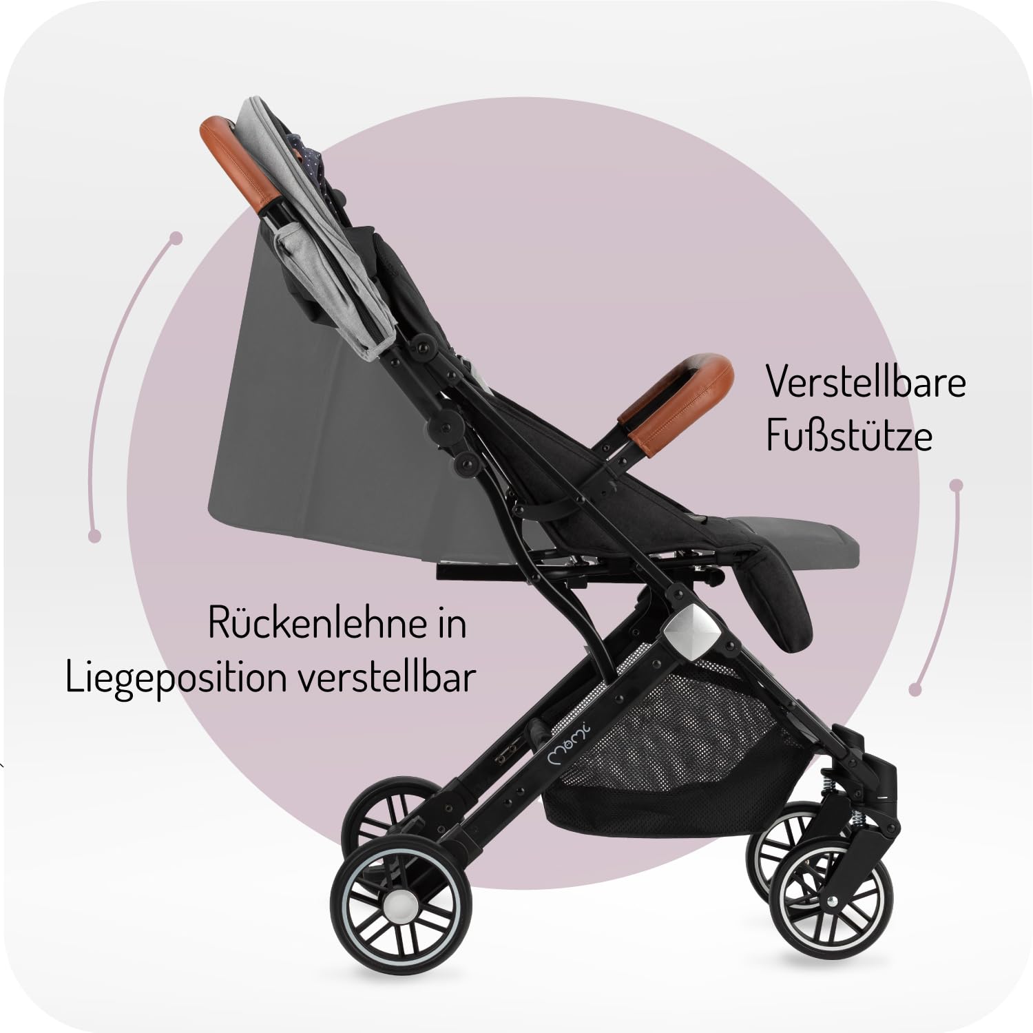 MOMI ESTELLE Kinderwagen für Kinder ab 6 Monat bis zu max körpergewicht von 15 kg, klappbar auf die Maße 65 x 51 x 21 cm, gewicht 7,5 kg, 5-Punkt-Sicherheitsgurt, koffer, grau-gold, Räder 6''/6,5''