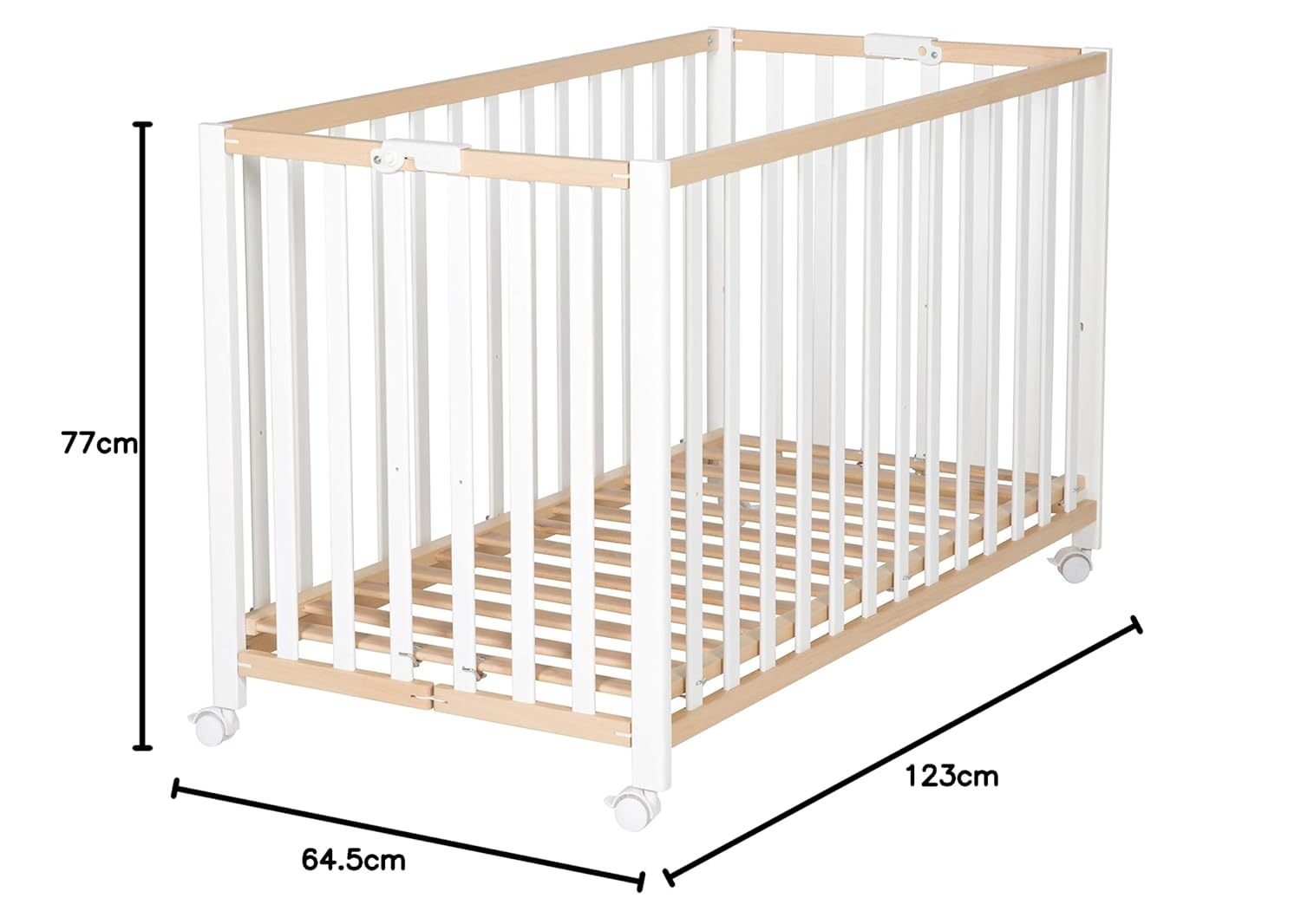 roba Klappbett Fold Up 60 x 120 - Klappbares Babybett aus Holz - 2-fach höhenverstellbar - Platzsparendes Gitterbett auf Rollen - Weiß