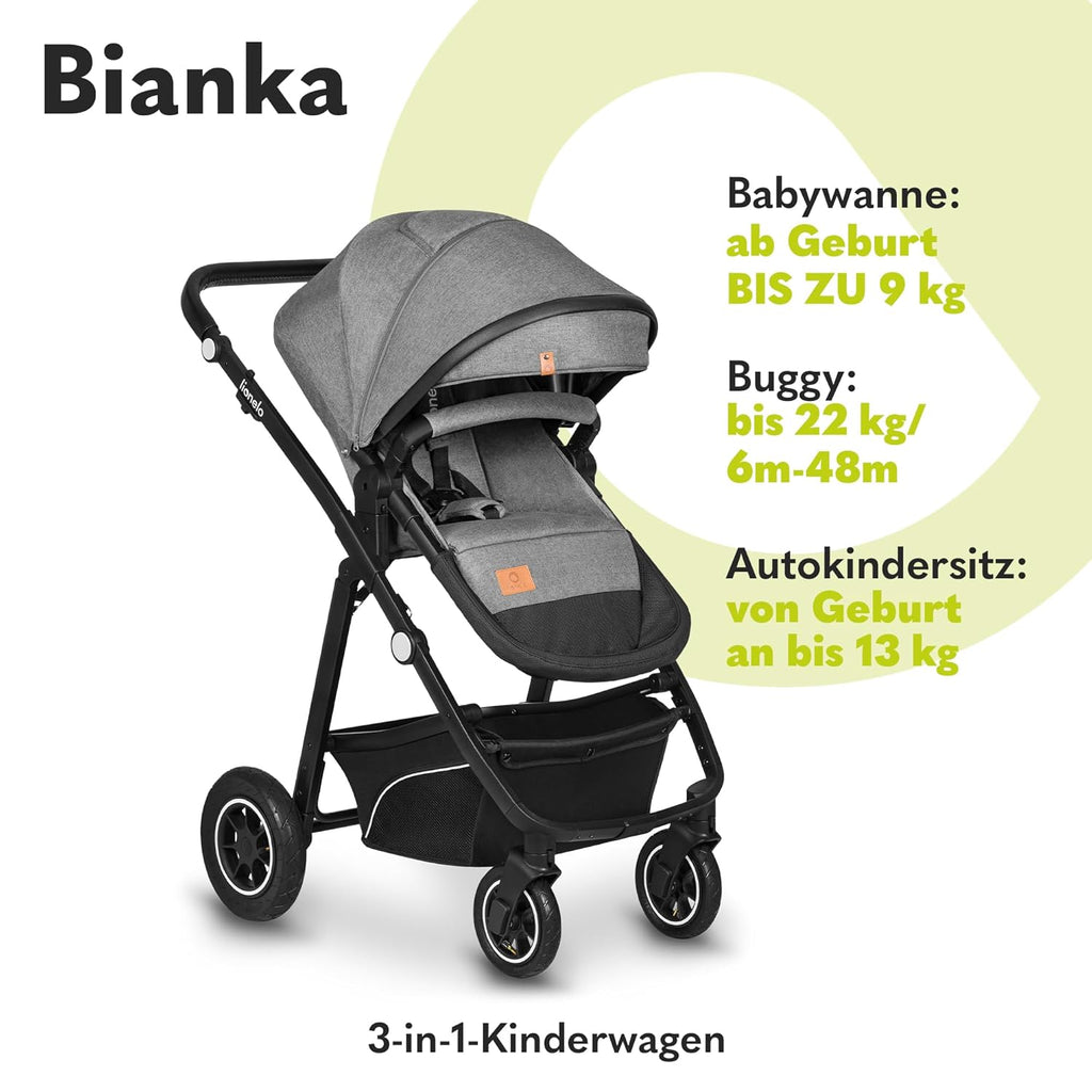 LIONELO BIANKA Kinderwagen 3 in 1 bis 22 kg Babywanne Autositz Zusammenlegbar, Reise-System, Einstellung der Rückenlehne, Räder 360o Stoßdämpfer, Verdeck XXL
