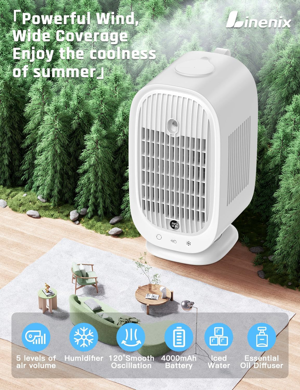 Climatizzatore Portatile 4 in 1, Condizionatore Evaporativo con 5 Velocità del Vento, 2 Modalità di Nebbia, Oscillazione 45°/90°/120° per Casa/Ufficio.