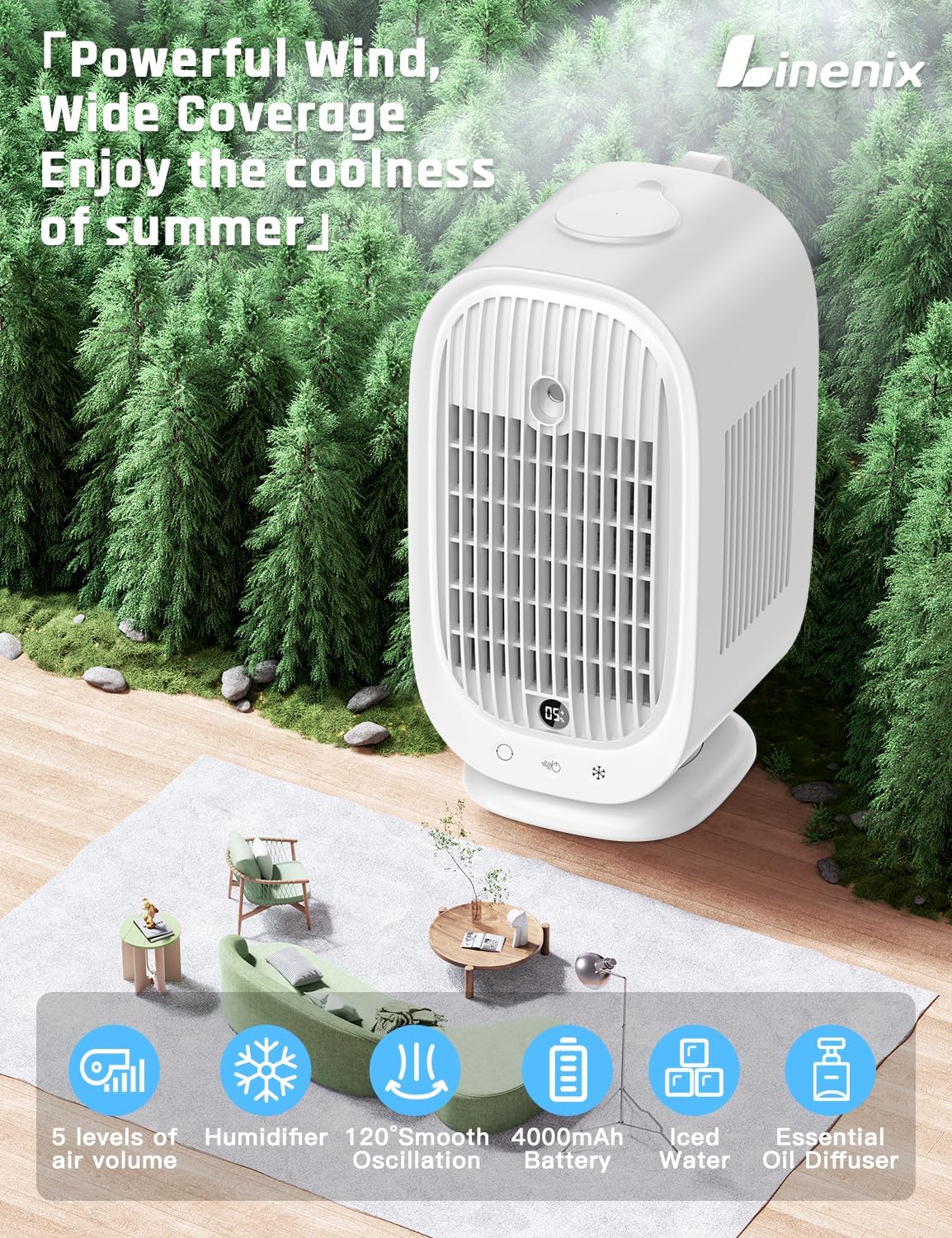 Climatizzatore Portatile 4 in 1, Condizionatore Evaporativo con 5 Velocità del Vento, 2 Modalità di Nebbia, Oscillazione 45°/90°/120° per Casa/Ufficio.