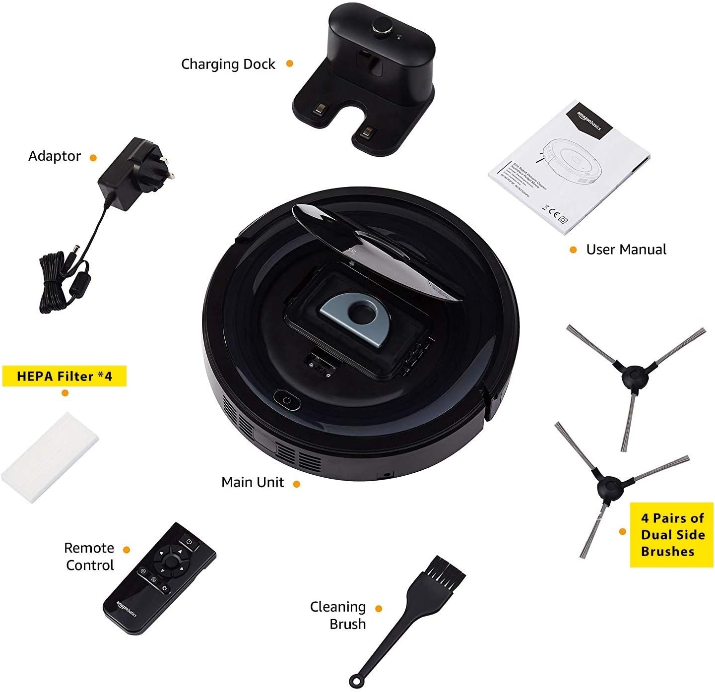 Amazon Basics – Saugroboter, schlankes Design, 18 W (800 Pa), 6 Reinigungsmodi, Anti-Kollisions- & Fallschutz-Sensor, Kabellos, Kompakt,Rad, automatische Aufladung, Fassungsvermgen 0,35 l