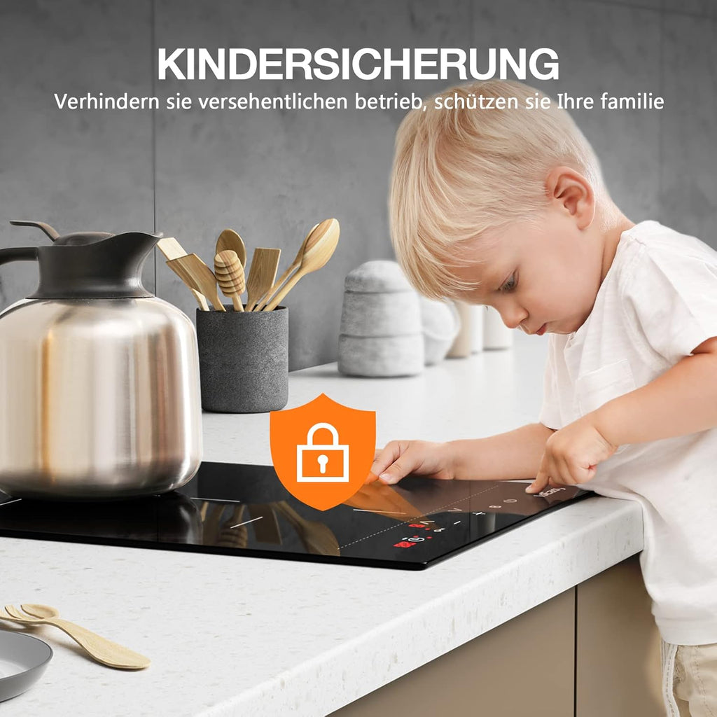 IsEasy 4 Zonen Einbau Induktionskochfeld mit 9 Leistungsstufen &1-99Min Timer, Boost-Funktion, Induktionskochplatte, Induktion Herdplatte mit 4 Platten, 60cm, 6800W, Schwarz