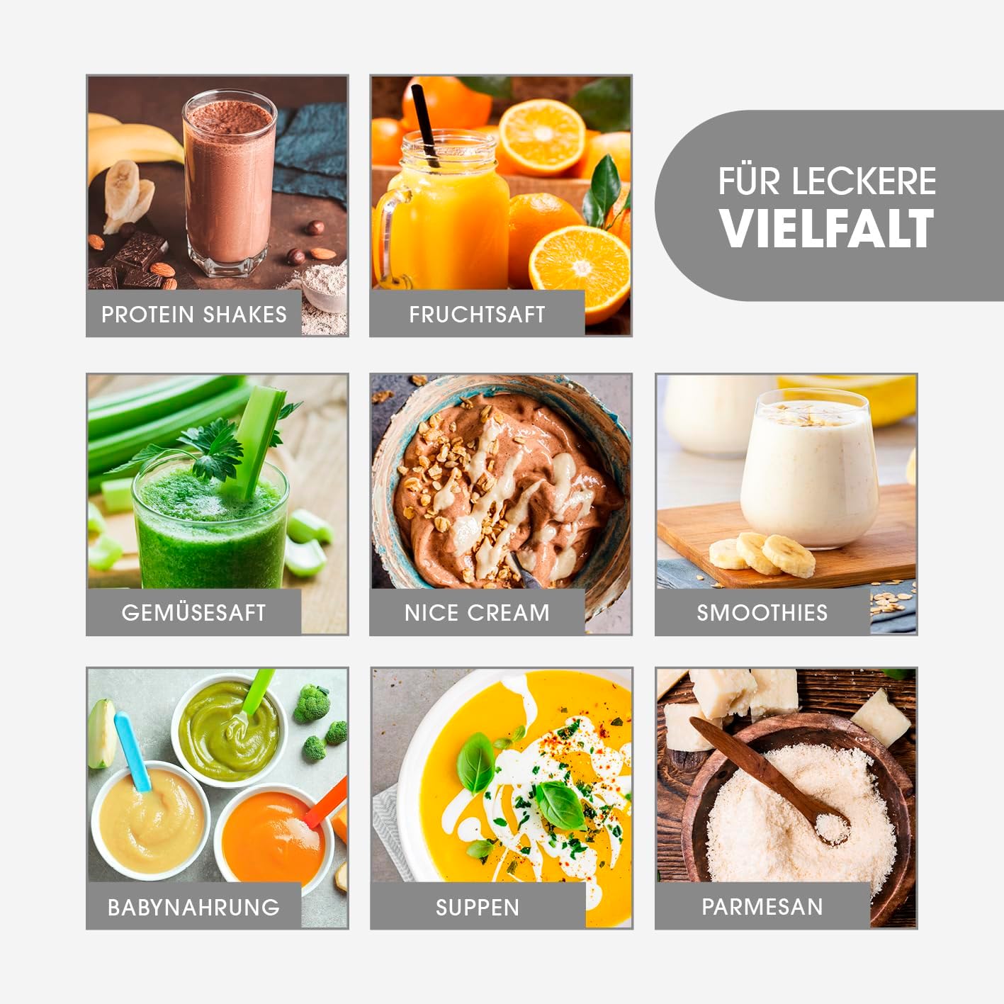 GOURMETmaxx Frullatore per Smoothie e Frullatore a Immersione Set da 18 pezzi - 400W | Frullatore Elettrico da 750ml, Mixer con 4 Bicchiere To-Go, 2 Lame, Spremiagrumi, Piedistallo e Coperchio | Lavabile in Lavastoviglie, a Prova di Perdite e Senza BPA