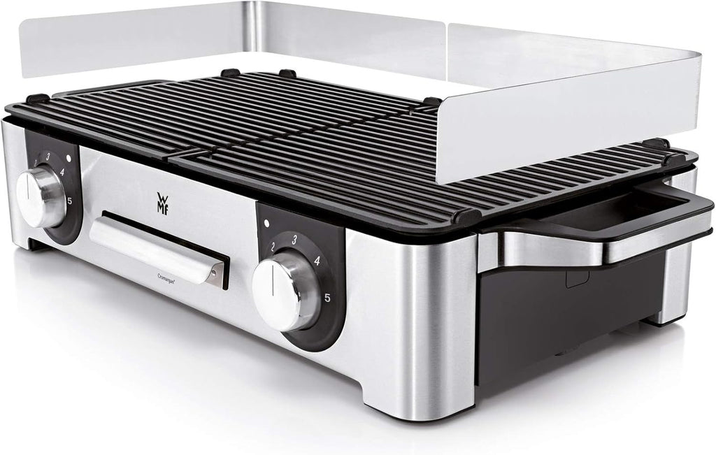 WMF Lono Master-Grill, Grill Elettrico, 50x28 cm, Grill Elettrico da Tavolo con Paravento e Vaschetta Raccogligocce, Certificato per Esterni per Barbecue, 2 Superfici di Cottura Regolabili Separatamente, 2400 W, Acciaio Inossidabile Opaco