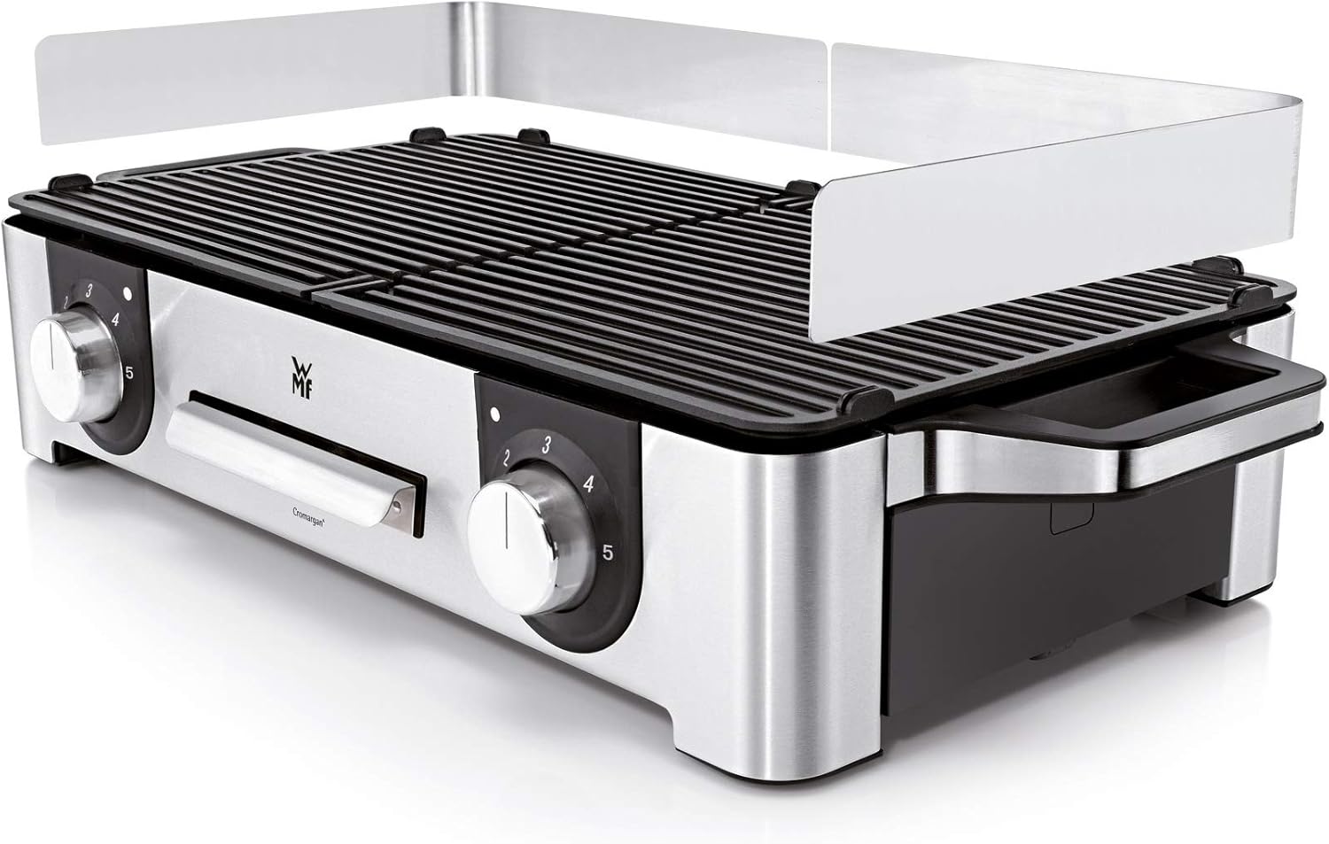WMF Lono Master-Grill, Grill Elettrico, 50x28 cm, Grill Elettrico da Tavolo con Paravento e Vaschetta Raccogligocce, Certificato per Esterni per Barbecue, 2 Superfici di Cottura Regolabili Separatamente, 2400 W, Acciaio Inossidabile Opaco