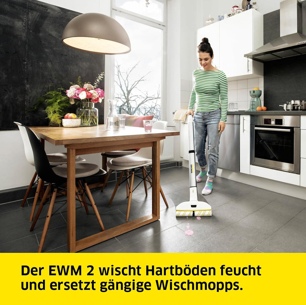 Kärcher Lavapavimenti elettrico EWM 2, lavapavimenti senza fili con 2 rulli in microfibra rotanti, durata della batteria: circa 20 min, capacità di superficie per carica della batteria: circa 60 m², bianco