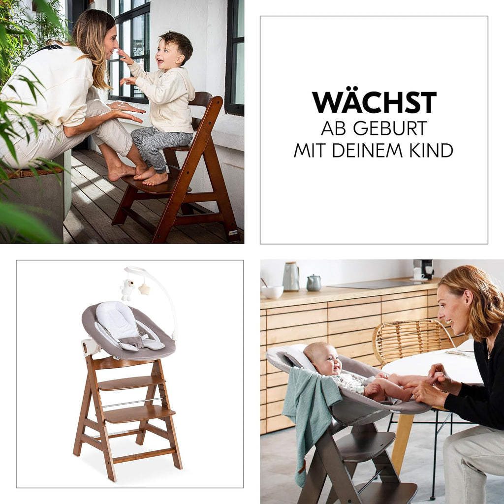 hauck Alpha Plus Newborn Set Deluxe - Seggiolone Pappa Legno da Nascita con Funzione Sdraietta - include Sdraietta per Neonato & Cuscino - Evolutivo, Regolabile - Dark Grey