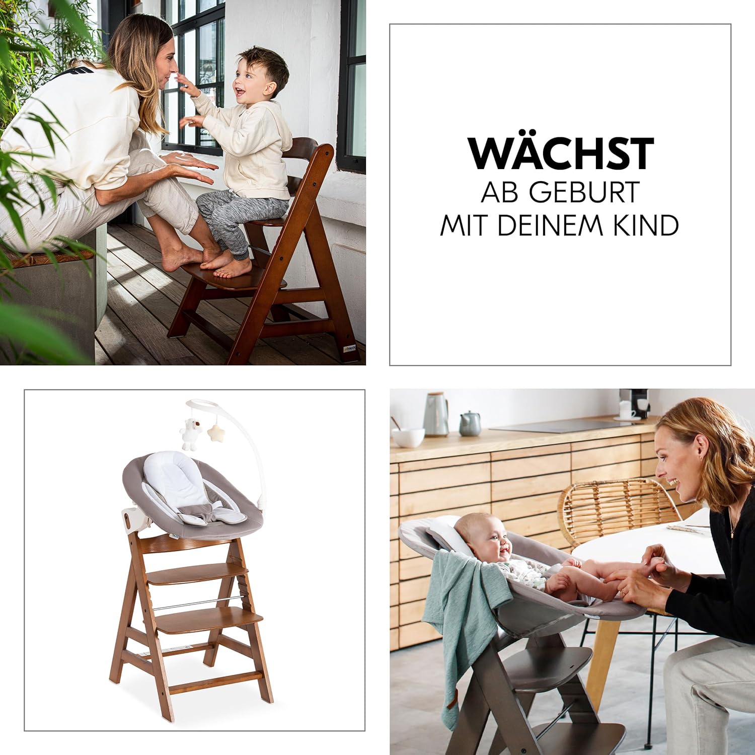 hauck Alpha Plus Newborn Set Deluxe - Seggiolone Pappa Legno da Nascita con Funzione Sdraietta - include Sdraietta per Neonato & Cuscino - Evolutivo, Regolabile - Dark Grey