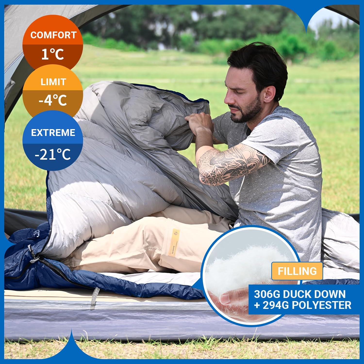 ATEPA Daunenschlafsack Winter Outdoor,Daunenschlafsack, Übergröße Ultraleichter, 3 Jahreszeiten Warm, XXL Leichtgewicht, großartiger Komfort, Ideal für Rucksacktouren Erwachsene Camping, Wandern