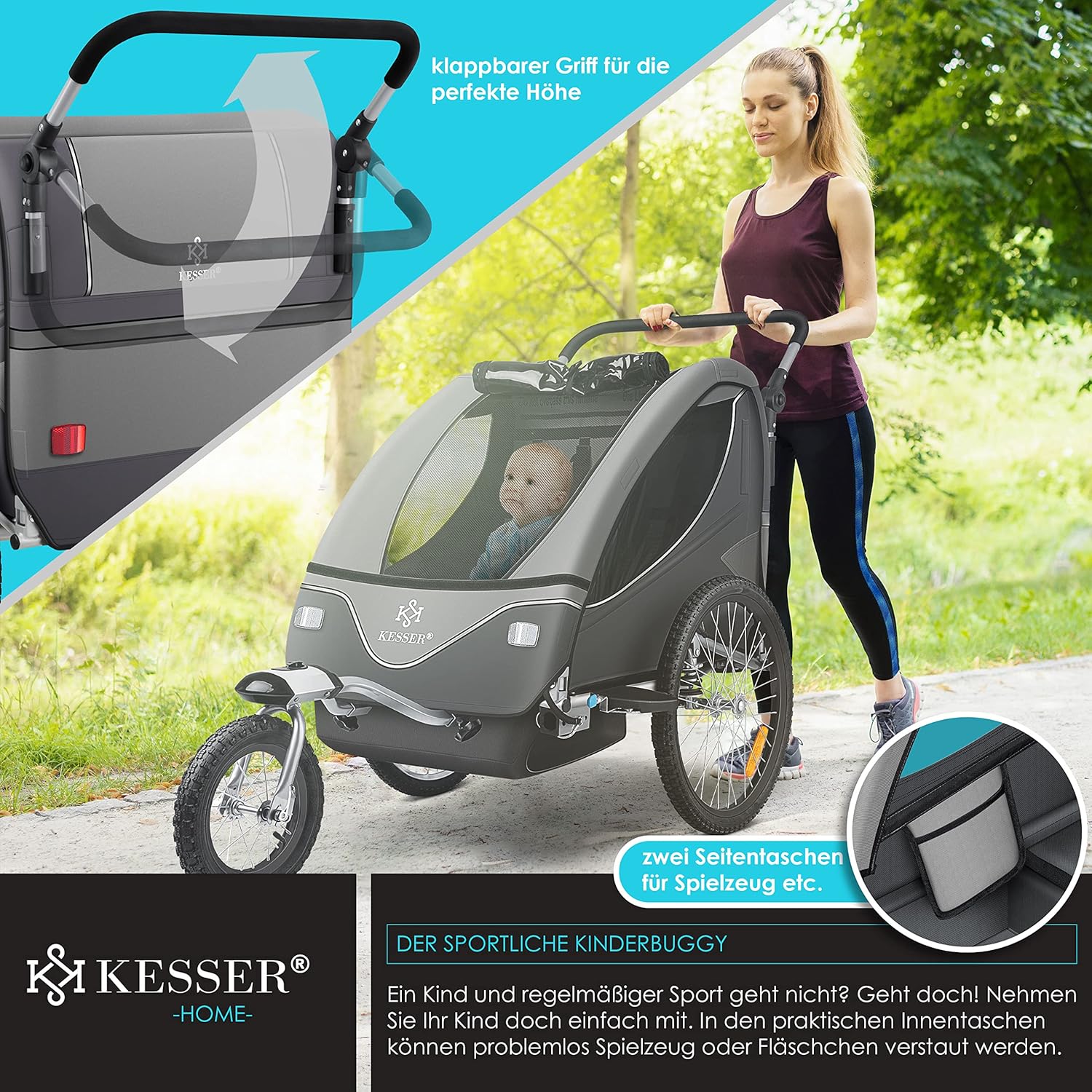 KESSER® Kinderanhänger Fahrradanhänger 360° Drehbar mit Federung 2in1 Joggerfunktion Kinderfahrradanhänger + 5-Punkt Gurt Jogger Fahrrad Anhänger für 1 bis 2 Kinder max. 40kg Inkl. Warnfahne, Schwarz