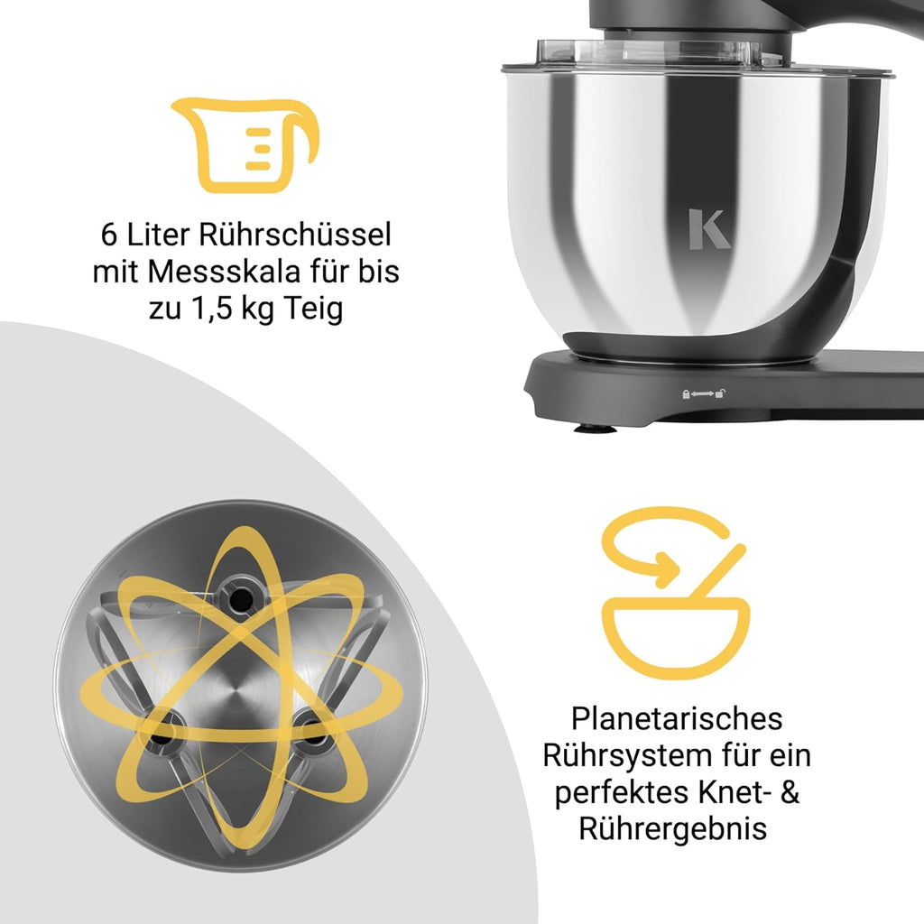 KLAMER Robot da Cucina 1800W, Impastatrice per Pane con Ciotola in Acciaio Inox da 6 L, 10 Velocità con Timer, Movimento Planetario, Frusta a Filo, Gancio Impastatore, Frusta Piatta e Coperchio Paraspruzzi (nero)