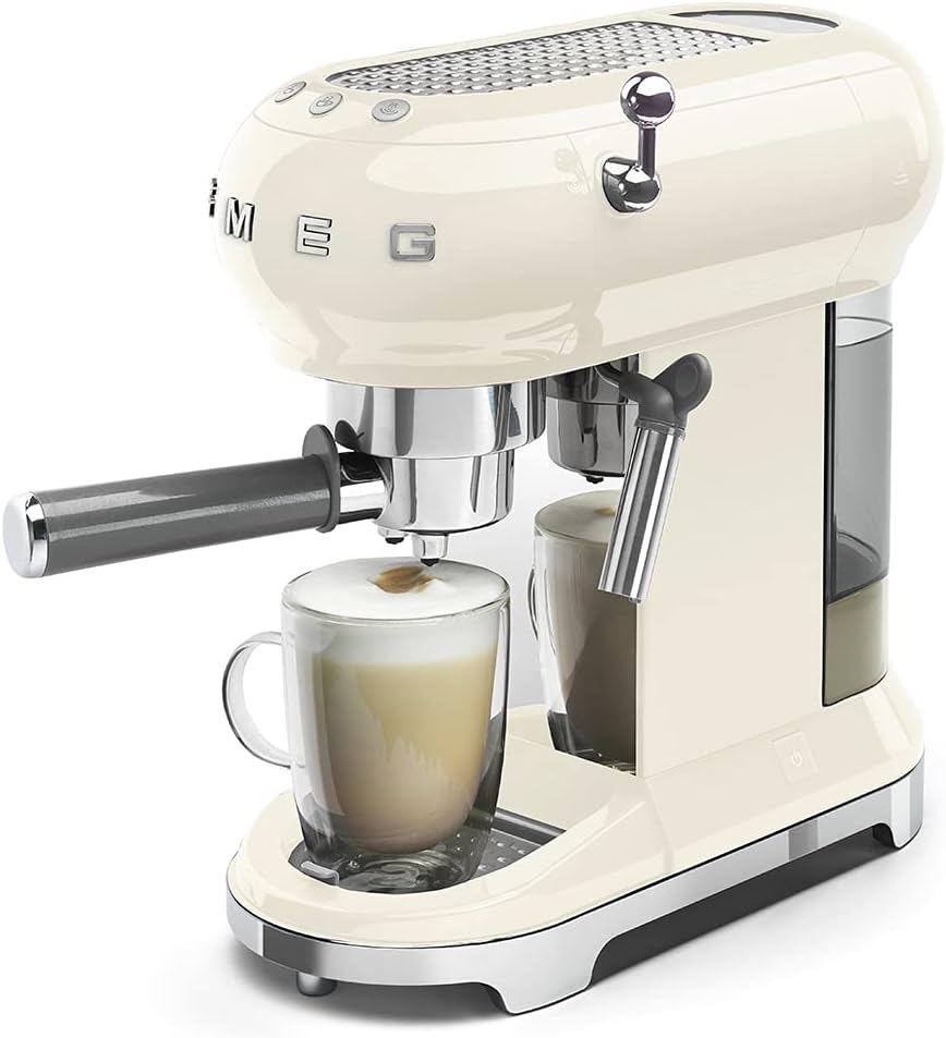 Smeg, ECF01WHEU Macchina da Caffè Espresso Manuale, Sistema Cappuccino, Thermoblock, Alloggiamento Tazze Grandi e Funzione Doppio Caffè, Serbatoio Acqua 1 l, Dimensioni Compatte, 1350W, Bianco