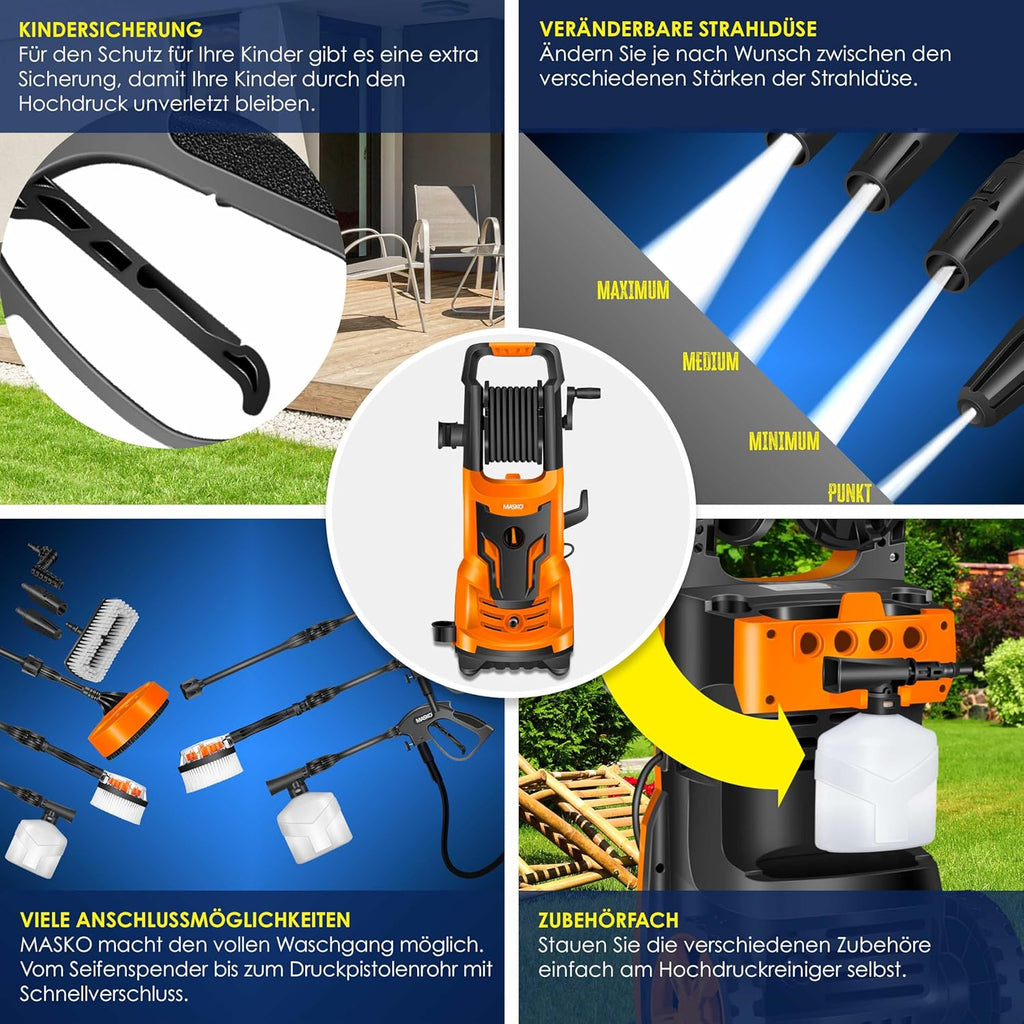 MASKO® Idropulitrice 2200 Watt 165 bar 450 l/h, con avvolgitubo 10m, set accessori 9 pezzi, con serbatoio per sapone e ugello schiumogeno, pistola ad alta pressione per auto/recinzioni/giardino/pati (Grigio)