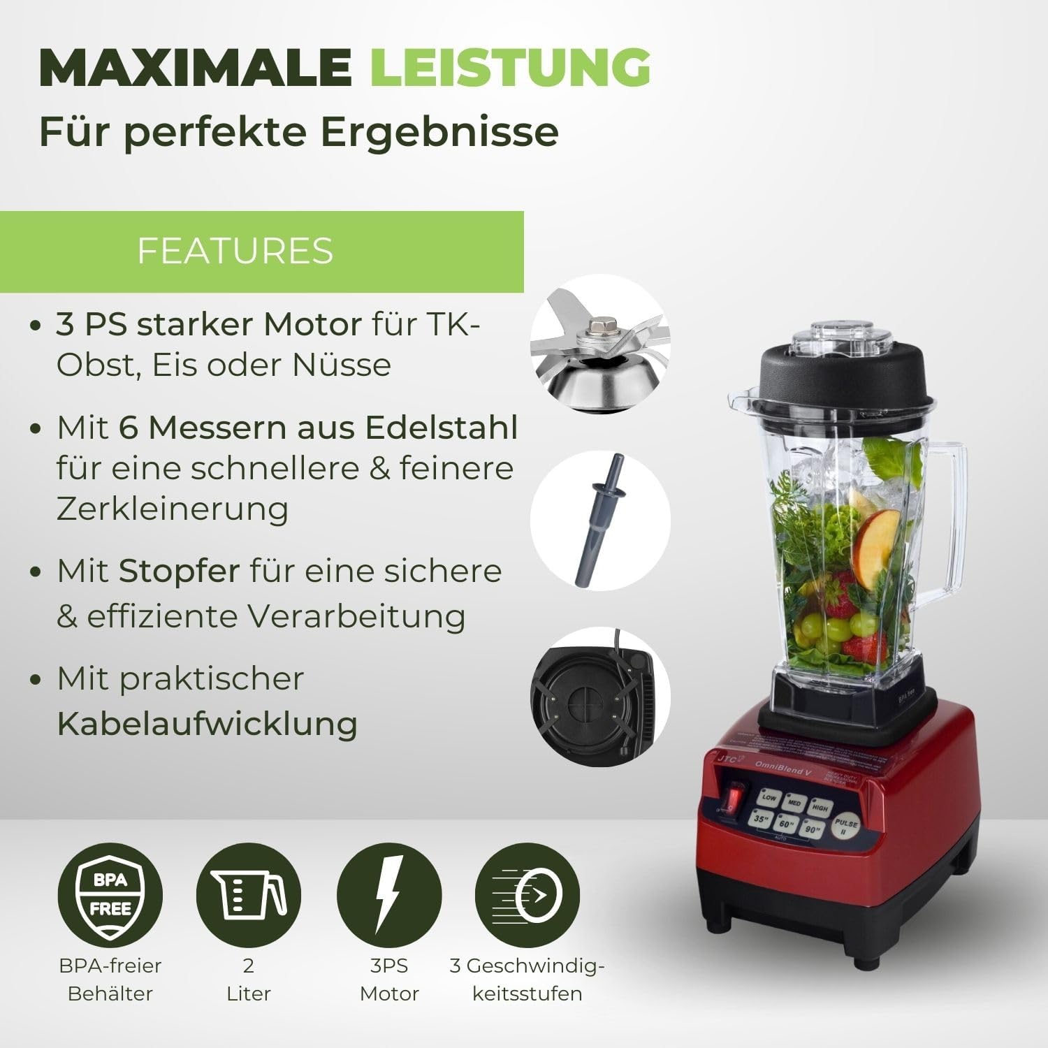 OmniBlend Smoothie Maker 2L in schwarz I Smoothie Mixer inkl. BPA-freiem Behlter & 6-Klingen-System aus Edelstahl I Mixer Smoothie Maker ideal für grüne Smoothies I Standmixer mit 3 PS Motor