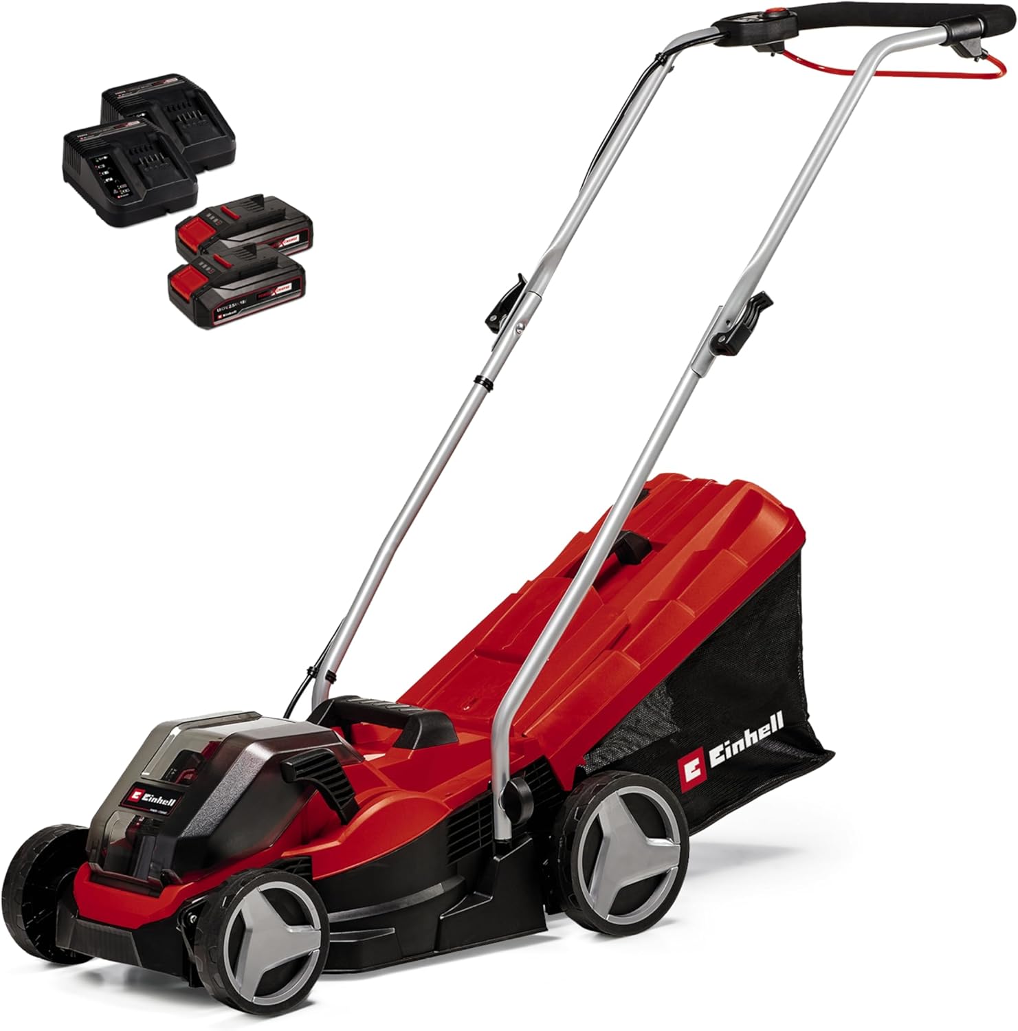 Einhell Tosaerba a batteria GE-CM 36/33 Li Kit Power X-Change (36 V, larghezza di taglio 33 cm, fino a 250 m², cesto di raccolta 30 L, altezza di taglio 25-65 mm, include 2 batterie da 2,5 Ah + 2 caricabatterie)