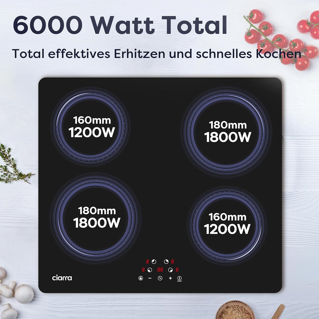 Ciarra CABBIH4-C 4 Zonen Einbau Induktionskochfeld 60cm Kochfeld Induktion Herdplatte Touch-Bedienung mit 4 Platten 9 Leistungsstufen Induktionskochplatte Timer 6000W