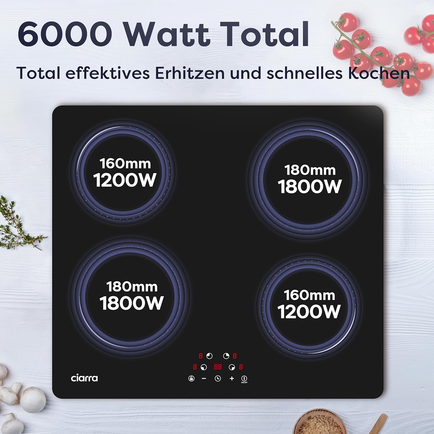 Ciarra CABBIH4-C 4 Zonen Einbau Induktionskochfeld 60cm Kochfeld Induktion Herdplatte Touch-Bedienung mit 4 Platten 9 Leistungsstufen Induktionskochplatte Timer 6000W