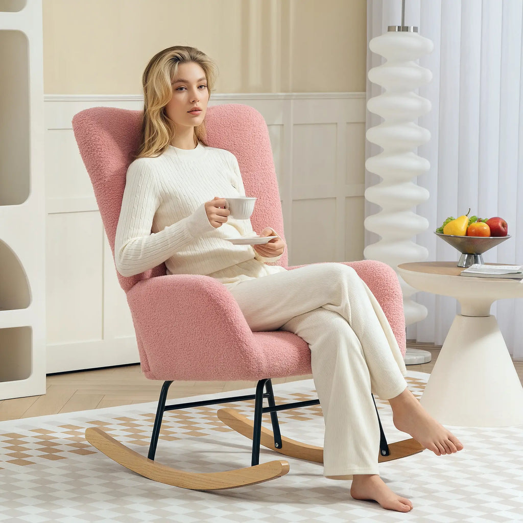HOMCOM Schaukelstuhl Schwingsessel sanftes Schaukeln Teddysamt Rosa
