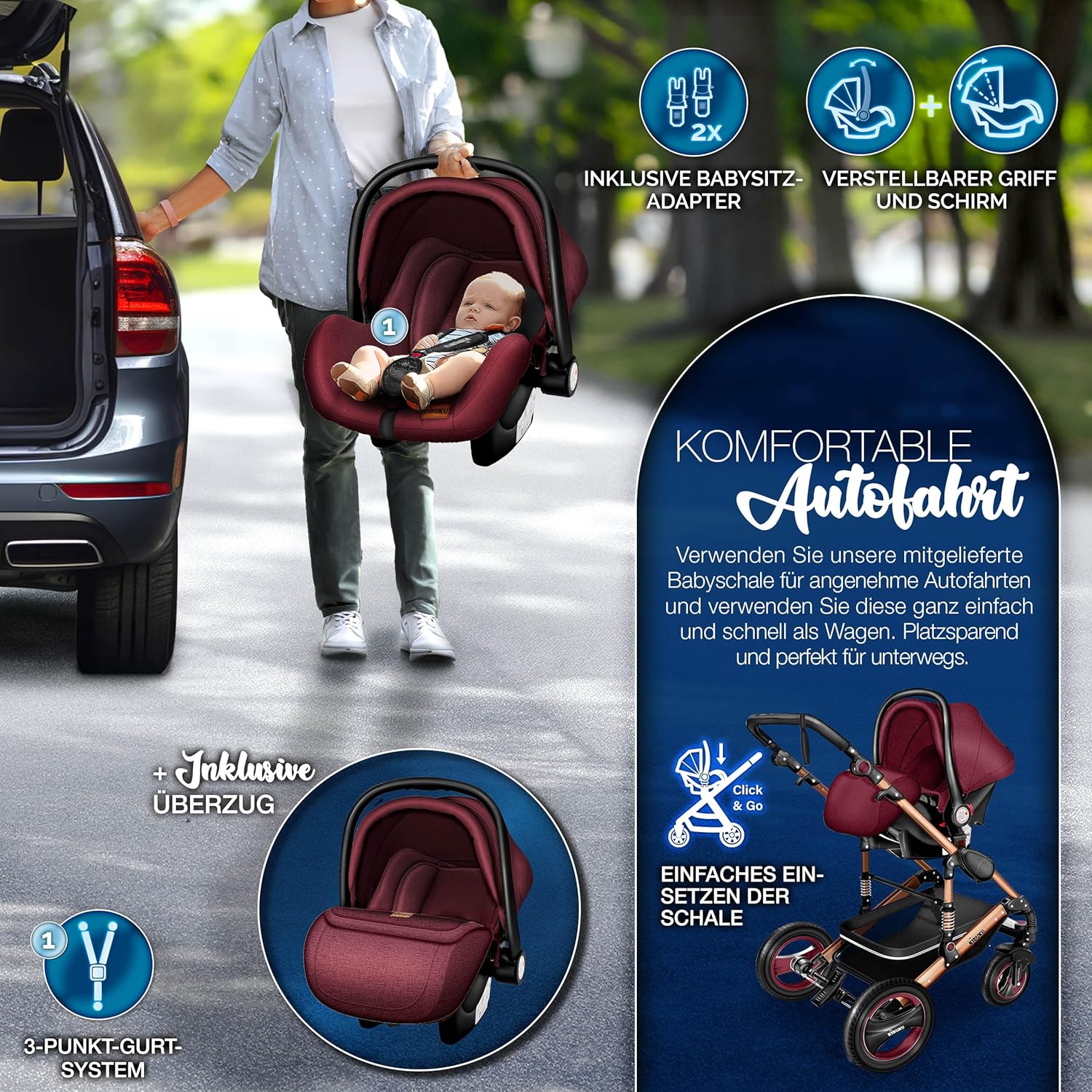 KIDUKU® Set completo passeggino 3 in 1 | Set passeggino combinato con navicella e sedile sportivo passeggino e seggiolino auto ovetto sacco a pelo | Ruote in gomma piena borsa per il cambio scaldamani parapioggia tavolino ECE R129