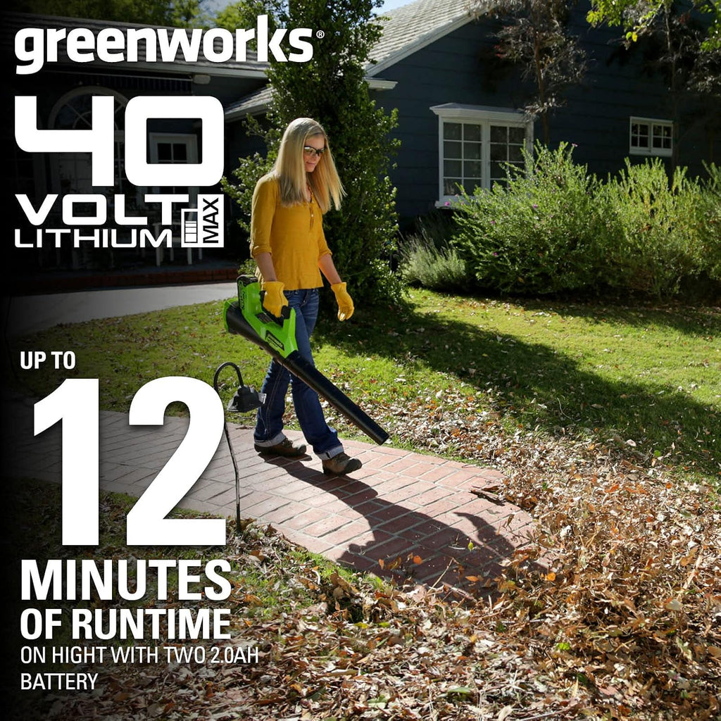 Greenworks GD40ABK2X Axial Akku Laubbläser mit bürstenlosem Motor, 210 km/h, 15,6 m³/min, zwei 40V 2Ah Akkus & Ladegerät, 3 Jahre Garantie