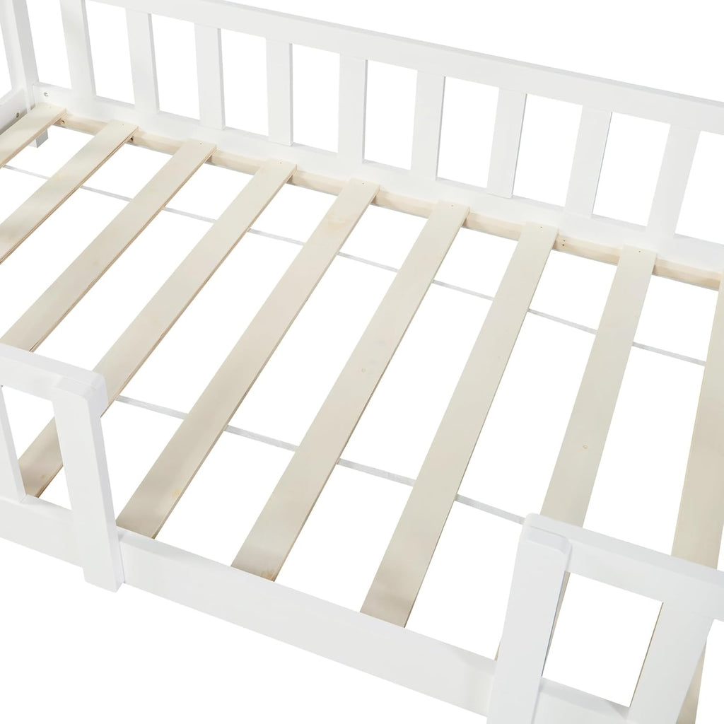 [en.casa] Letto per bambini Sisimiut a capanna 80 x 160 cm con protezione anticaduta letto in legno per bambini letto a terra rete a doghe in legno di pino Bianco opaco