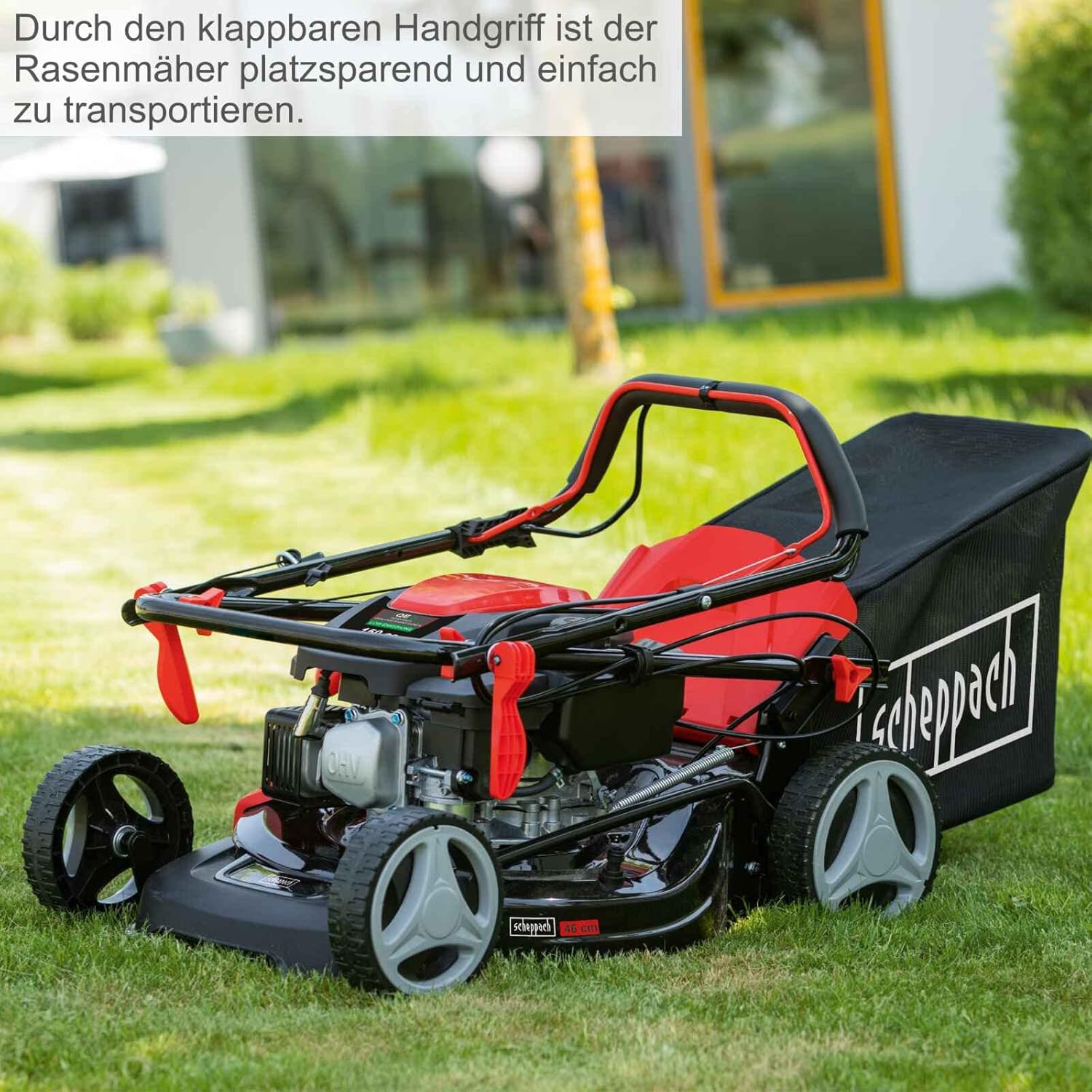 Scheppach MS161-46 Tosaerba a benzina - Larghezza di taglio 46 cm | Sacco di raccolta da 55 litri | Telaio in acciaio | Regolazione altezza a 7 livelli | Funzione mulching | Trazione | Scarico laterale | incl. olio motore