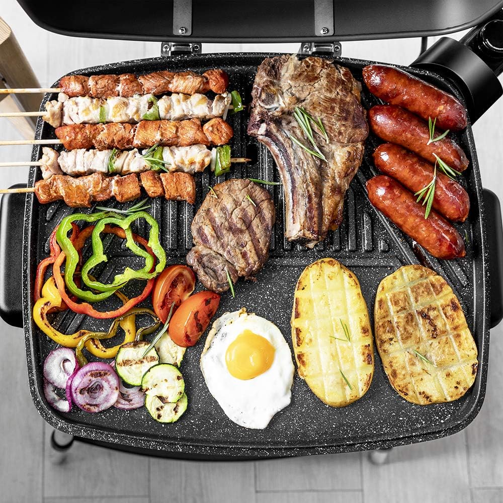 Cecotec Elektrischer Grill Perfect Country 2000 EasyMove. 2000 W, Mix- und Antihaft-Oberfläche, klappbarer Deckel, einstellbares Thermostat, Fettauffangschale, Stahlbeine und Räder