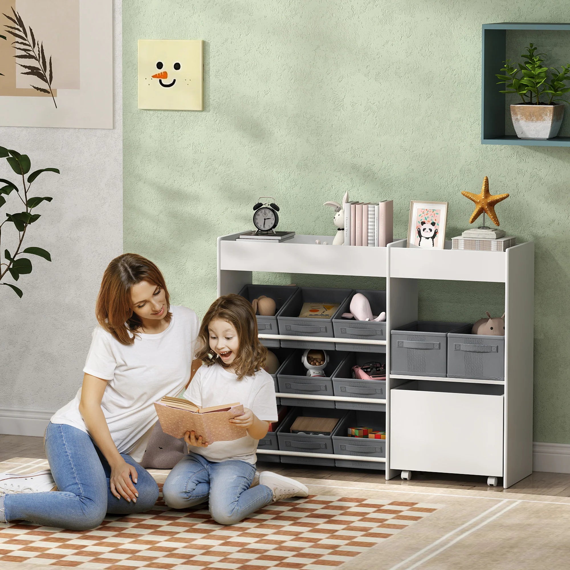 AIYAPLAY Kinderregal mit 11 Stoffboxen & Schrankfach, Weiß