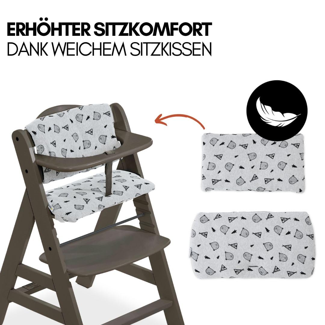 hauck Alpha Plus Newborn Set mit Premium Bouncer Dark Grey - Baby Holz Hochstuhl ab Geburt mit Liegefunktion - extra flacher Aufsatz für Neugeborene & Baumwoll Sitzpolster - Grau