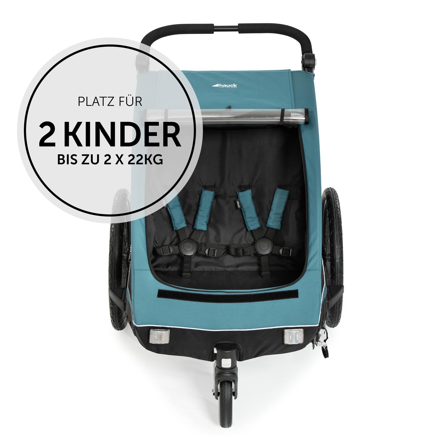 hauck Rimorchio Bici & Passeggino Dryk Duo Plus con Sospensioni, per 2 Bambini (6-48 mesi), incl. Timone, Ruota da Passeggino, Bandierina e Luce LED, Pieghevole, Regolabile in Altezza, Baule XL (Verde Scuro)