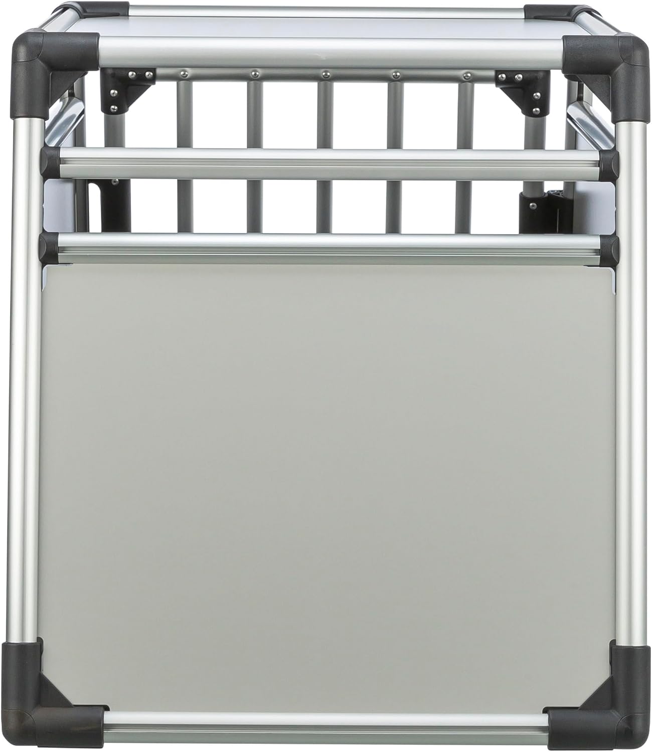 TRIXIE Hunde-Transportbox Aluminium in silber – M: 55 × 62 × 73 cm, stabile und geräuscharme Hundebox mit abgeschrägten Seiten, Sicherheitsverschluss & rutschfester Liegematte – 39342