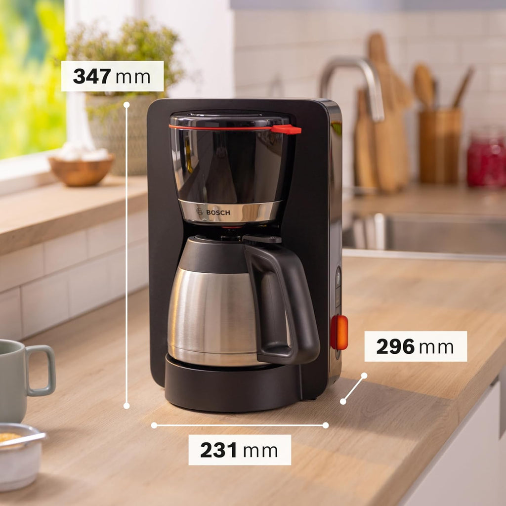 Bosch Filterkaffeemaschine MyMoment TKA3M134, Thermokanne 1 L, für 8-12 Tassen, Tropfstopp, schwenkbarer Filtertrger, Entkalkungsprogramm, abnehmbarer Wassertank, 1200 Watt, Schwarz matt