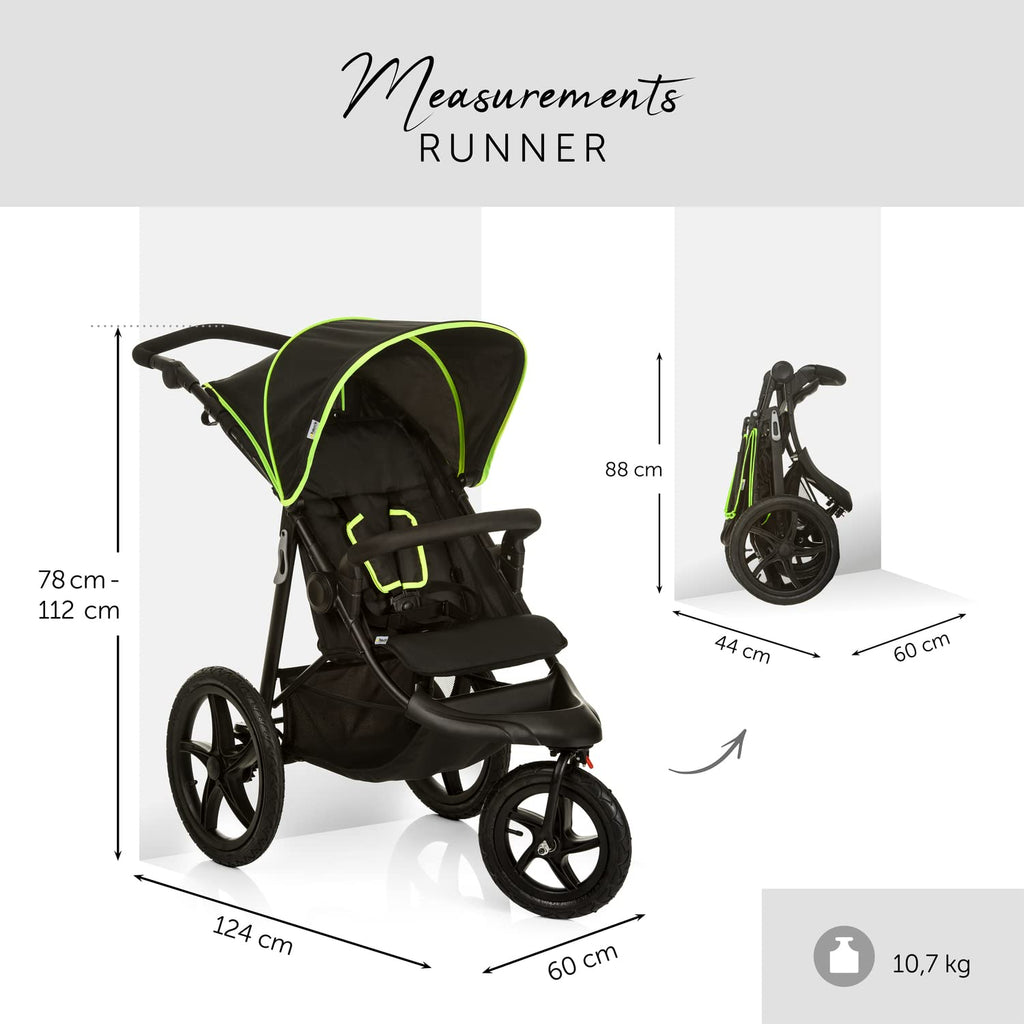 hauck Passeggino Runner 2, Passeggino a tre ruote con ruote pneumatiche XL per bambini fino a 22 kg, Protezione UV 50+, Finestra di ventilazione, Regolabile in altezza, Pieghevole, Cestino XL fino a 3 kg, Funzione reclinabile (Nero)