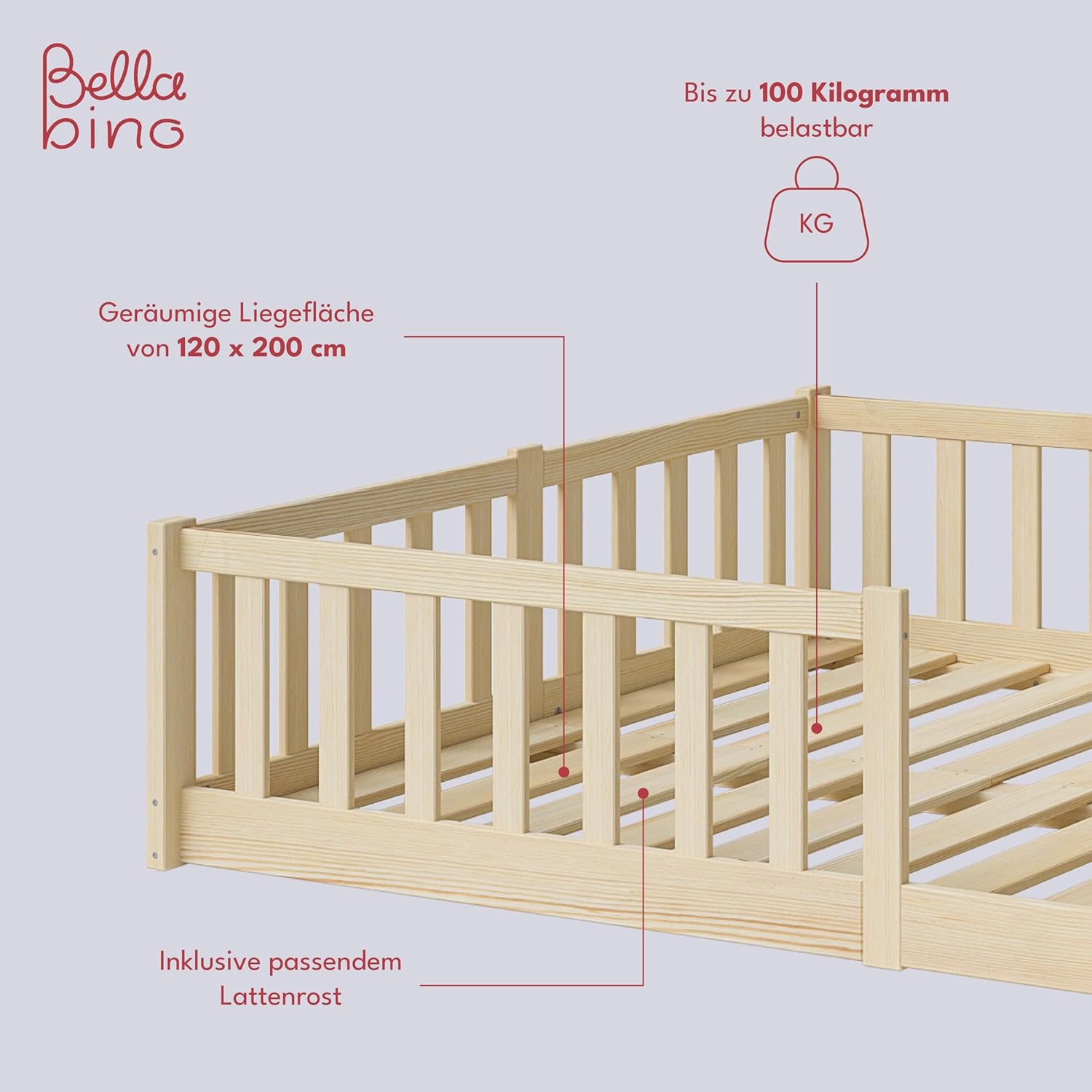 Bellabino Vere Letto a Pavimento 140x200 Montessori, Letto Matrimoniale con Protezione Anticaduta e Rete a Doghe, Letto per Bambini e Bambine in Legno Massello di Pino Bianco con Sbarre