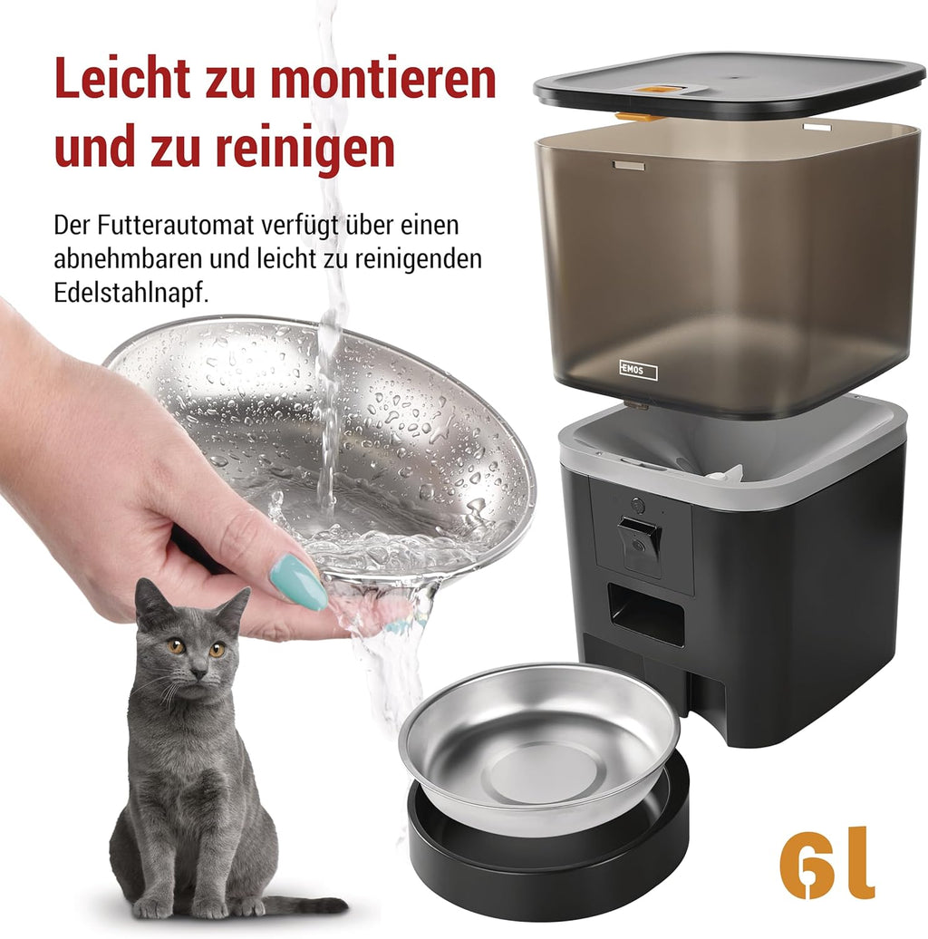 EMOS - GoSmart Futterautomat 6 l mit Kamera - WLAN Pet Care Futterspender mit App - Trockenfutter Automat für Katze & Hund mit Zeitplan, Sprachaufzeichnung, Dosierung 1–12 Mahlzeiten pro Tag - Schwarz