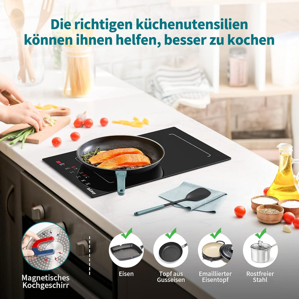 IsEasy 4 Zonen Einbau Induktionskochfeld mit 9 Leistungsstufen &1-99Min Timer, Boost-Funktion, Induktionskochplatte, Induktion Herdplatte mit 4 Platten, 60cm, 6800W, Schwarz