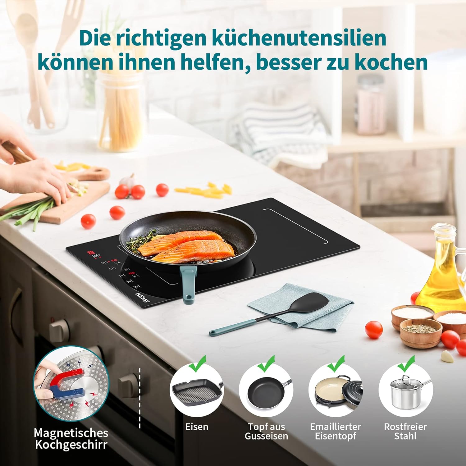 IsEasy 4 Zonen Einbau Induktionskochfeld mit 9 Leistungsstufen &1-99Min Timer, Boost-Funktion, Induktionskochplatte, Induktion Herdplatte mit 4 Platten, 60cm, 6800W, Schwarz