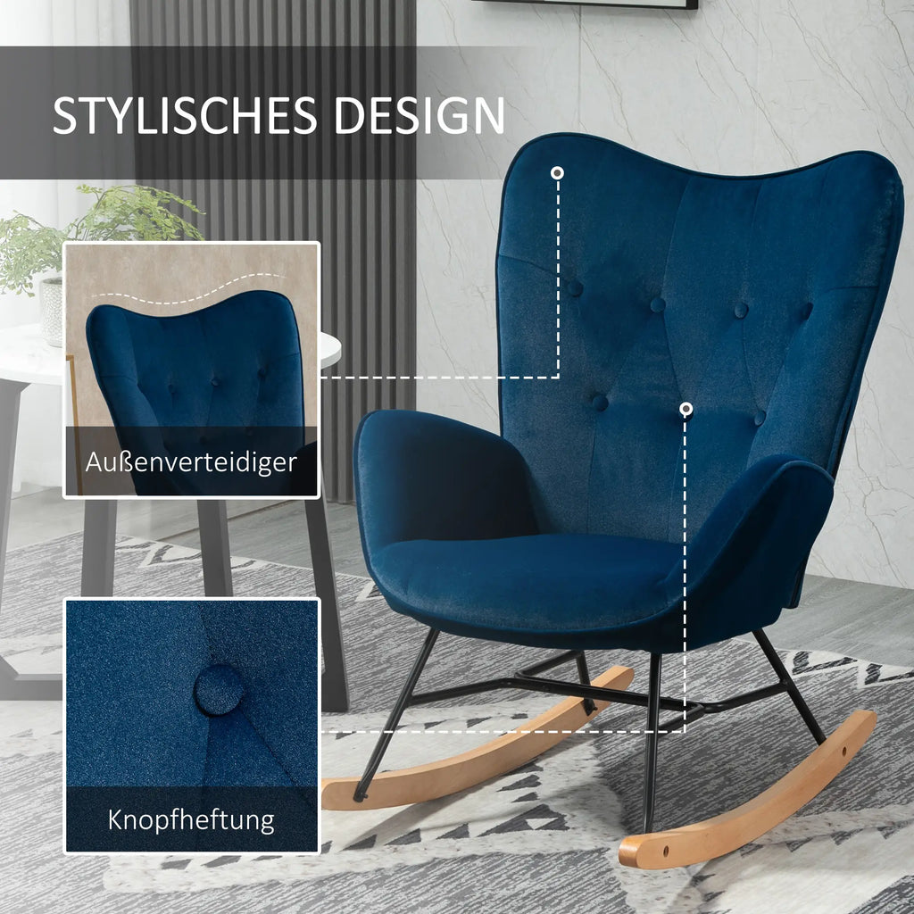 HOMCOM Sedia a Dondolo Scandinava Schienale Alto Effetto Velluto Blu