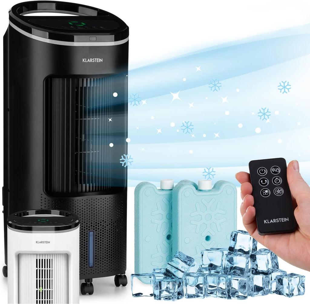 Klarstein Raffreddatore d'aria con Raffreddamento ad acqua, Raffrescatore Evaporativo Silenzioso 4-in-1, Umidificatore, Ventilatore e Modalità Notte, Raffrescatore Evaporativo Portatile 7L, 65W Air Cooler, Flusso d'aria di 330m³/h