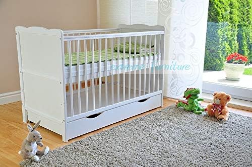 Marsell Lettino per bambini con cassetto con coperchio, lettino per neonati con materasso in schiuma Aloe Vera, sponde dentali, regolabile in altezza, Bianco trasformabile in lettino junior