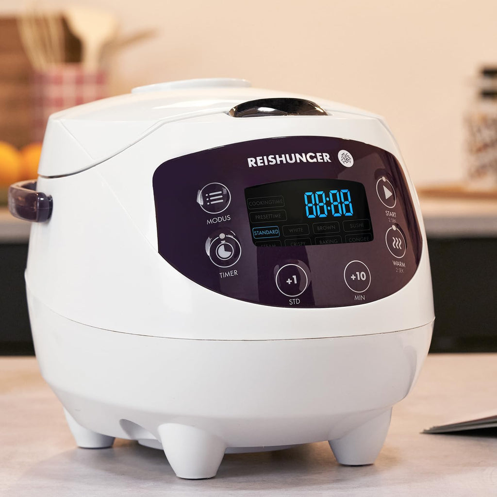 REISHUNGER Cuociriso digitale piccolo, nero | Da 0,6 L fino a 3 persone | Funzione mantenimento calore, timer e pentola premium | Multicooker e vaporiera piccoli, 8 programmi, tecnologia a 7 fasi