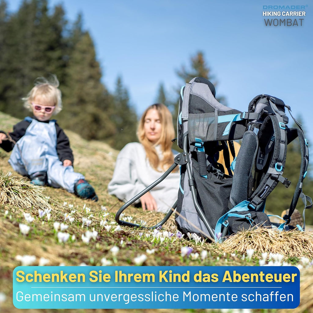 Dromader Kraxe Kindertrage bis 22kg – Kindertrage Wandern mit Sonnendach, Regenschutz, Thermotasche, Wickelmatte – Einhändig klappbare Rahmen – Blau