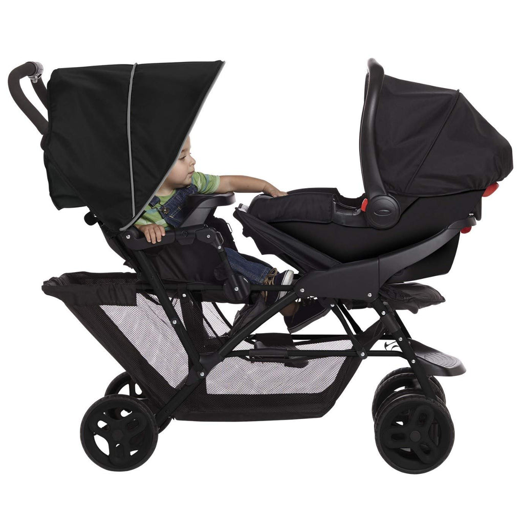 Graco Stadium Duo Passeggino Gemellare, 0-15 kg, utilizzabile anche con seggiolino auto, schienali reclinabili, pieghevole, sta in piedi da solo, ampio cestello portaoggetti, include vassoi portaoggetti, Titanium