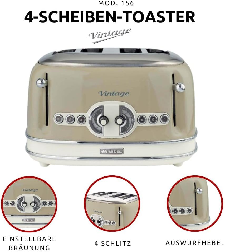 Ariete Vintage 156, 4-Scheiben-Toaster, Retro Toaster mit 6 Toaststufen, Automatischer Auswurf, Auftaufunktion, Herausnehmbares Krümelfach, Gehuse aus Edelstahl, 1600W, Beige