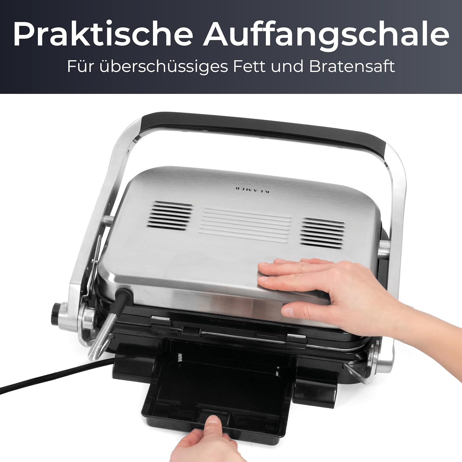 KLAMER Kontaktgrill, 7 Automatikprogramme, abnehmbare Platten, Antihaftbeschichtung, 2100W starker Plattengriller mit Cool-Touch-Griff, Schwarz & Edelstahl