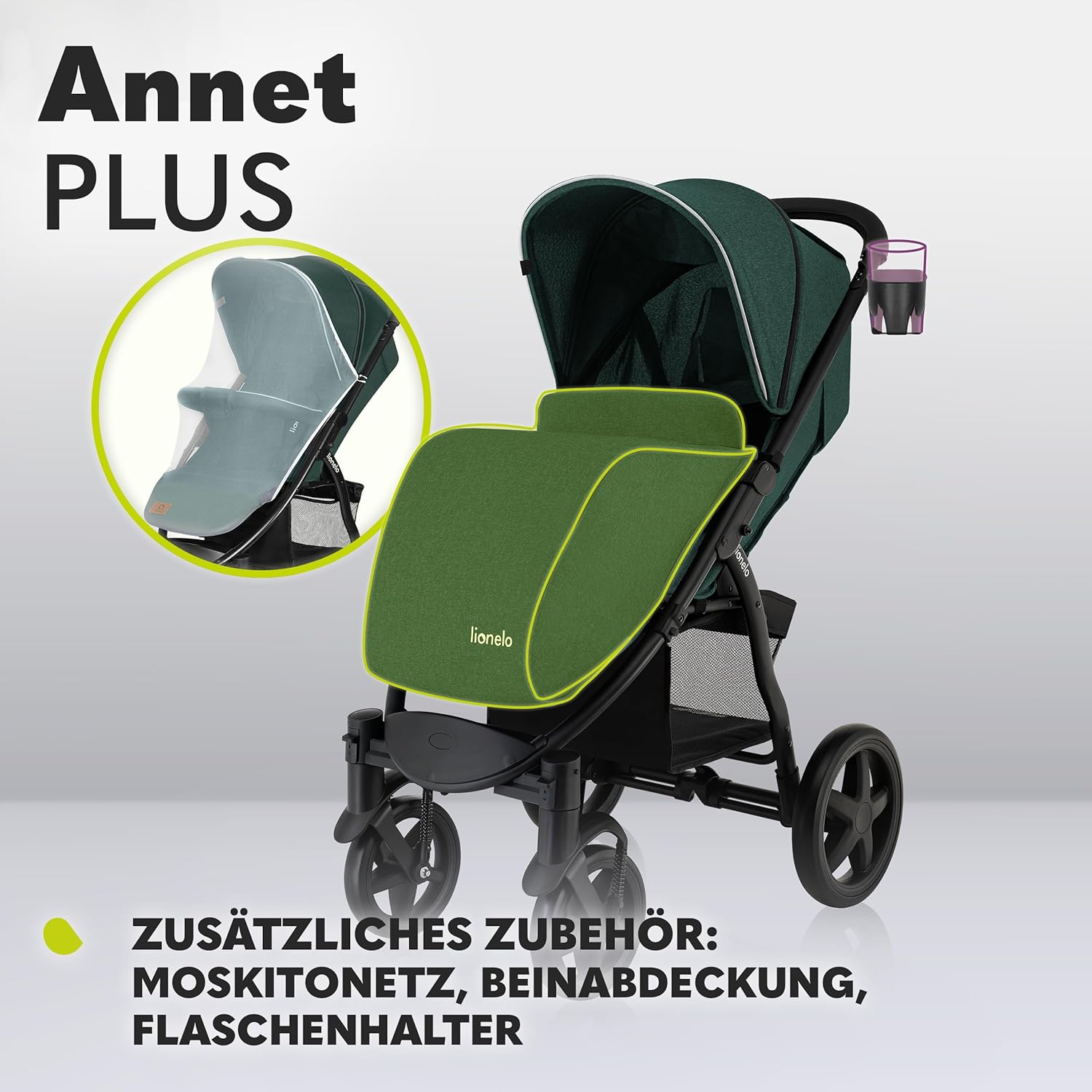 LIONELO Annet Buggy fino a 22 kg con funzione reclinabile, passeggino compatto richiudibile con accessori, ruote in schiuma EVA, zanzariera, coprigambe, portabevande, cestino (Golden Moments, Tour)