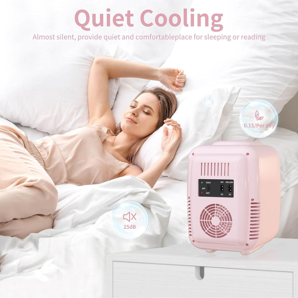 YASHE Mini Fridge, 4 Litre Mini Refrigerators for Cosmetics, Drinks, 220 V AC/12 V DC Thermoelectric Cooling and Heating, Small Fridge for Bedroom, Office, Dorm, Car (Pink)