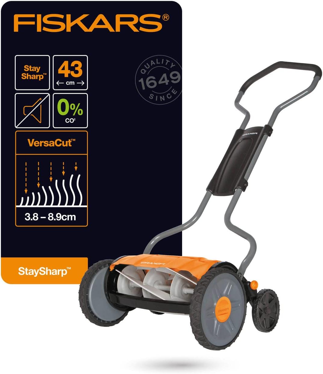 Fiskars Spindelmher, Rasenmher mit berührungslosem Schneidesystem, Schnittbreite: 43 cm, StaySharp Plus, Schwarz/Orange/Silber, 1015649